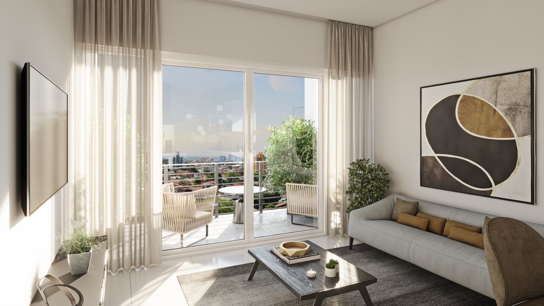 Living room opening onto a balcony with views over Kingston, artist's impression